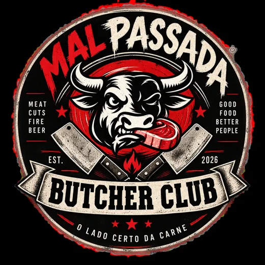 Brasão Mal Passada Butcher Club, com touro, carne e cutelos
