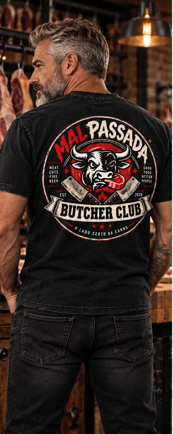 Brasão Butcher Club nas costas da camiseta preta