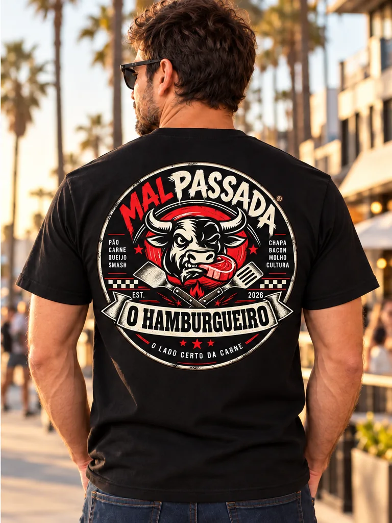 Camiseta O Hamburgueiro com brasão nas costas