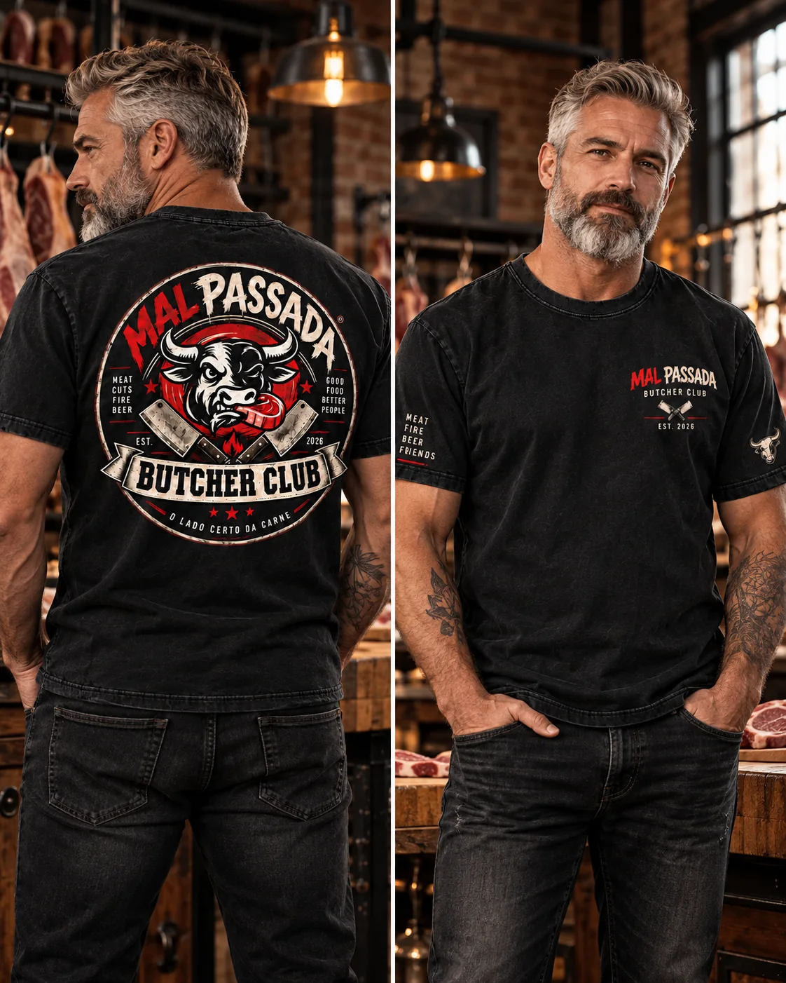 Camiseta preta Butcher Club com brasão nas costas e logo pequeno na frente